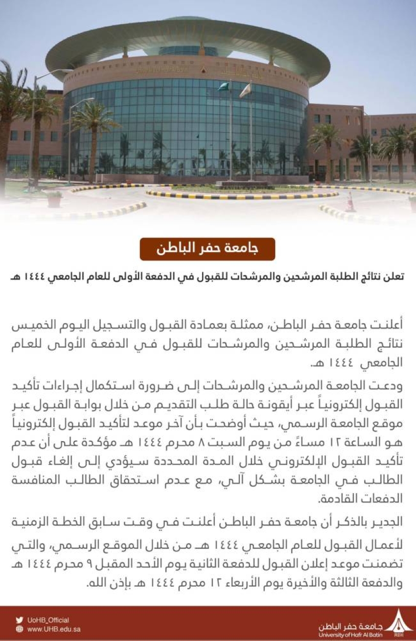 جامعة حفر الباطن: غدًا آخر موعد لتأكيد القبول إلكترونيًا - جريدة المدينة