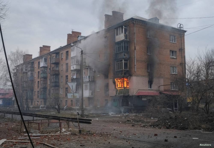 FILE PHOTO: A general view shows a building damaged by a Russian military strike in Bakhmut