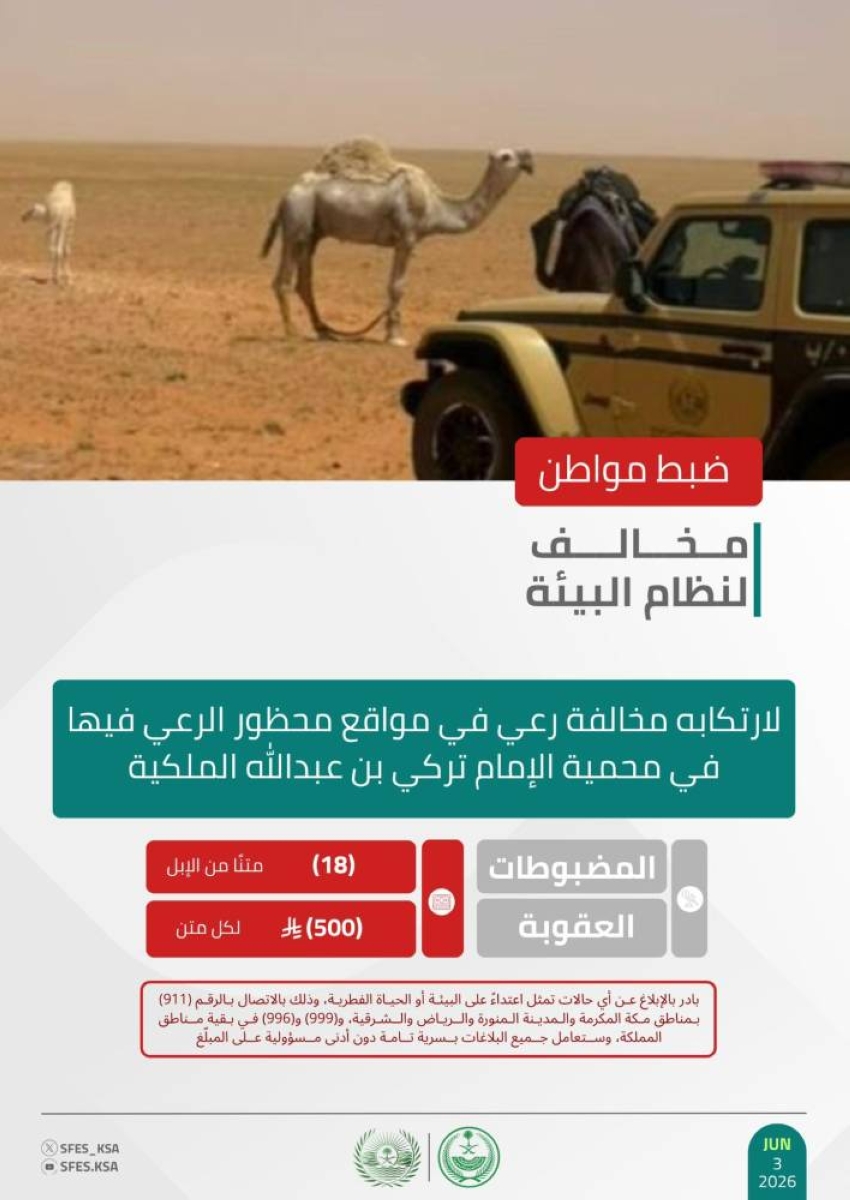 الأمن البيئي يضبط مواطنًا مخالفًا لنظام البيئة في محمية الإمام تركي بن عبدالله الملكية
