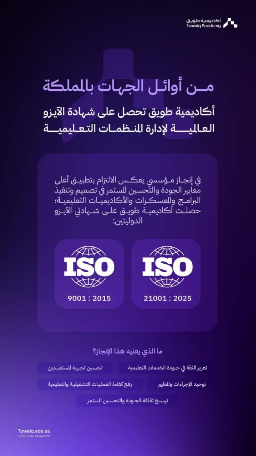 أكاديمية طويق من أوائل الجهات بالمملكة حصولًا على شهادة الآيزو العالمية لإدارة المنظمات التعليمية