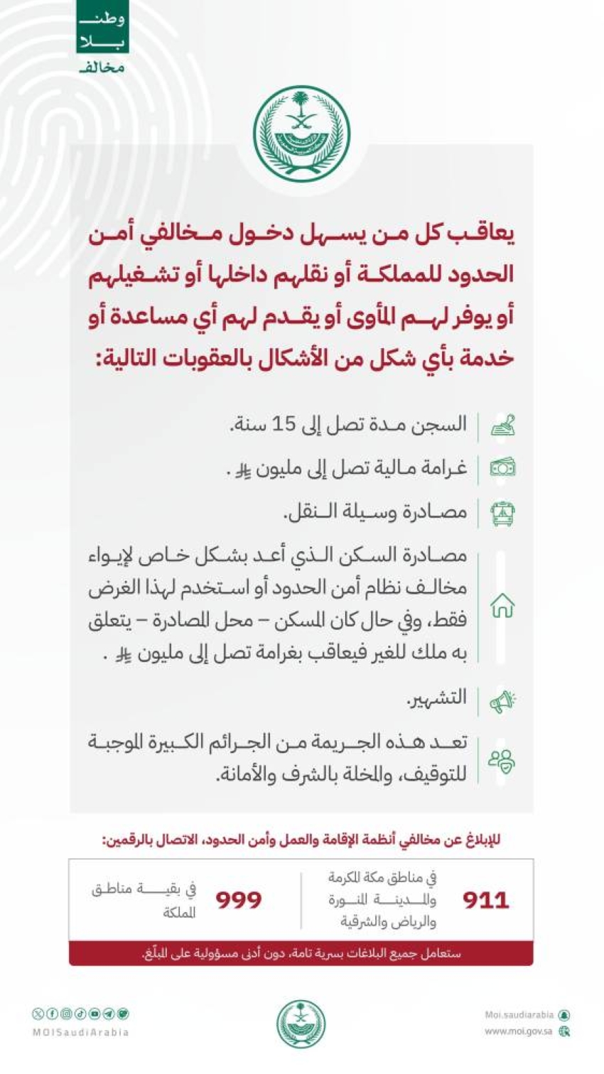 وزارة الداخلية: يعاقَب كل من يسهل دخول مخالفي نظام أمن الحدود للمملكة أو نقلهم داخلها