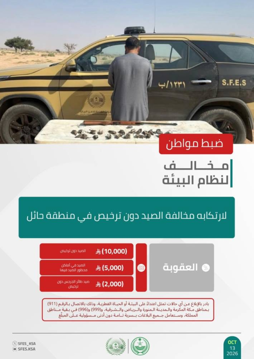 "الأمن البيئي" يضبط مخالفًا لنظام البيئة لارتكابه مخالفة الصيد دون ترخيص في منطقة حائل